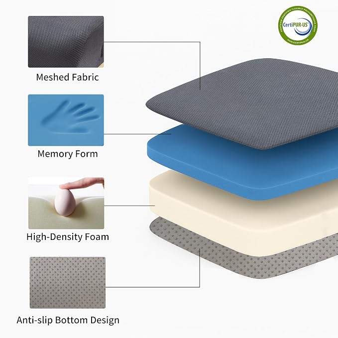 6" Extra Thick Memory Foam Office Chair Cushion – 2-Layer Booster Seat for Back & Tailbone Pain Relief, 18 x 16 x 6in Non-Slip Cushion with Carry Handle for Wheelchair, Car, and Airplane