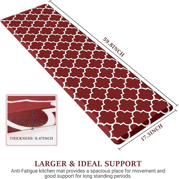 WISELIFE Kitchen Mat Cushioned Anti-Fatigue Kitchen Rug,17.3"x 60",Non Slip Waterproof Kitchen Mats and Rugs Heavy Duty PVC Ergonomic Comfort Mat for Kitchen, Floor Home, Office, Sink, Laundry,Red