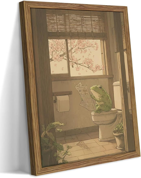 Framed Vintage Funny Bathroom Wall Art, Cute Frog Reading on Toilet Canvas Prints, Whimsical Japanese Style Animal Artwork, Retro Simple Wall Decor for Bathroom Bedroom Restroom 16x24in