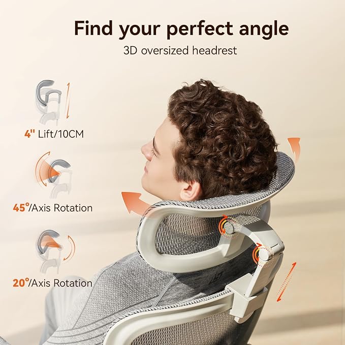 SIHOO B100 PRO Ergonomic Office Chair with Footrest, Mesh Office Chair with Adaptive Lumbar Support, Computer Chair with Wide Headrest, Desk Chair with 360° Rotatable Flip-Up Armrests, Light Grey