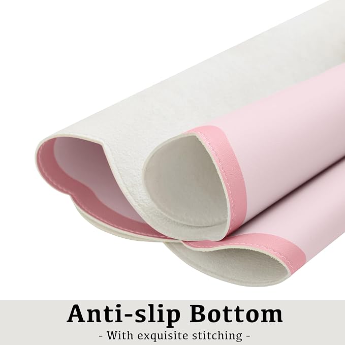 Scalloped Desk Mat, 23.6" x 11.8" Cute Small Aesthetic Desk Accessories, PU Leather Computer Laptop Desk Mouse Keyboard Pad, Desk Writing Mat for Vanity/Work/Home Decor Pink