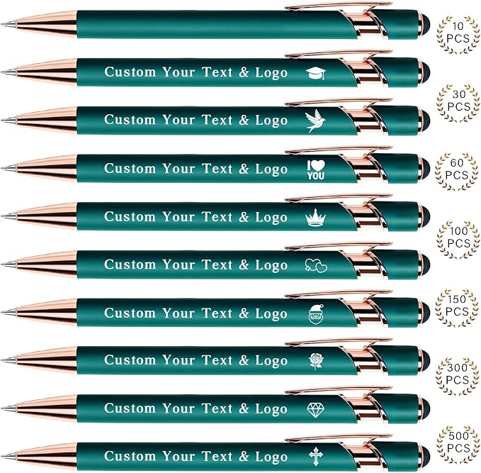 Bulk Custom Pens Personalized, Customized Pens with Name/Logo on Both Sides Gifts, Black Ink Engraved Ballpoint with Stylus, Ideal for Business, Birthday, Party, Wedding, School, Metal Material