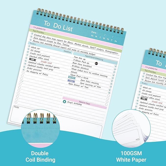 To Do List Notepad, Spiral Bound Undated Daily Planner, 52 Sheets 8.5" X 10.5" Tear Off Task Planning Pad with Checklist, For Work Office Home (Pack of 2)
