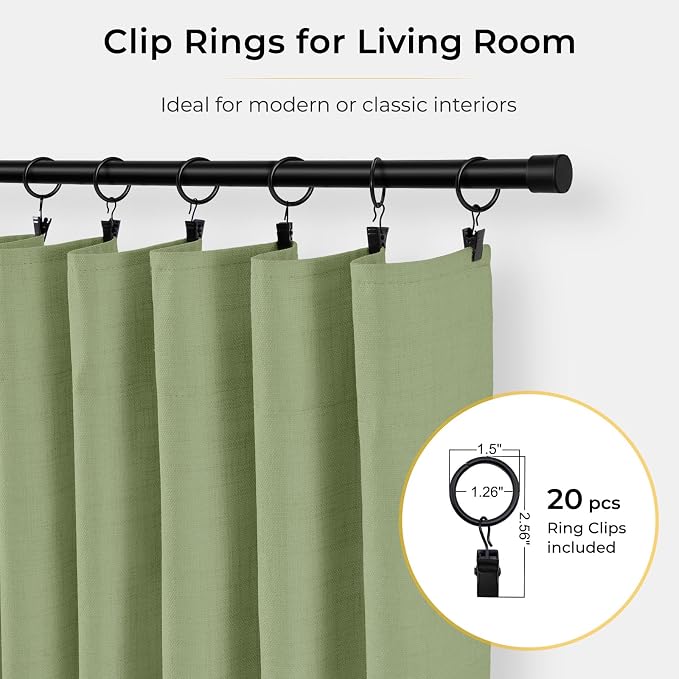 INOVADAY 100% Blackout Curtains for Bedroom, Sage Green Black Out Curtains 102 Inch Long, Clip Rings Linen Blackout Drapes, Thermal Insulated Room Darkening for Living Room, 2 Panels - W50xL102