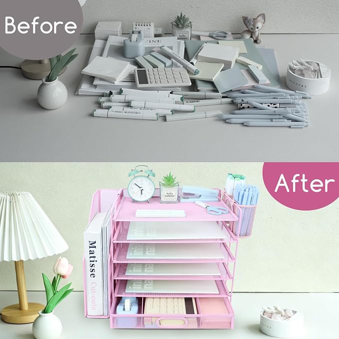 Desk Organizers and Accessories with File Holder, 6-Tier Paper Letter Tray Organiser with Drawer and 2 Pen Holder, Mesh Desktop Document Organizer for Office Supplies, Workspace - Pink