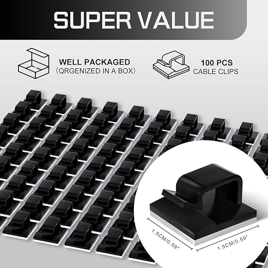 KGROTE 100PCS Cable Clips, Adhesive Wire Clips Strong Cord Clips Wire Holders, Cable Management Clips for Desk, Wall, Car, TV, Ethernet Cable (Black, Small)