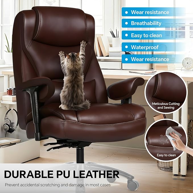 Big and Tall Office Desk Chair with 5-Position Armrests, 650 LBS Heavy Duty Executive Office Chair Comfy, Extra Wide Seat, High Back Computer Chair with Lumbar Support, Reclining Tilt Lock (Brown)