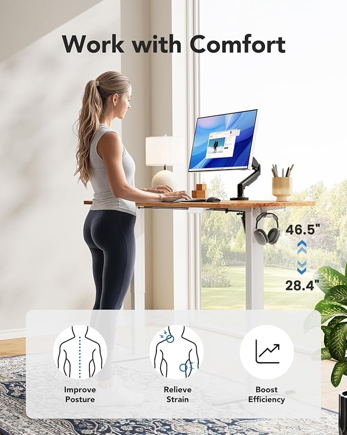 HUANUO Electric Standing Desk, Whole Piece Desktop, Adjustable Height Computer Desk, 4 Height Memory Settings, Sit Stand Up Desk for Home Office, 48" x 24", Light Vintage
