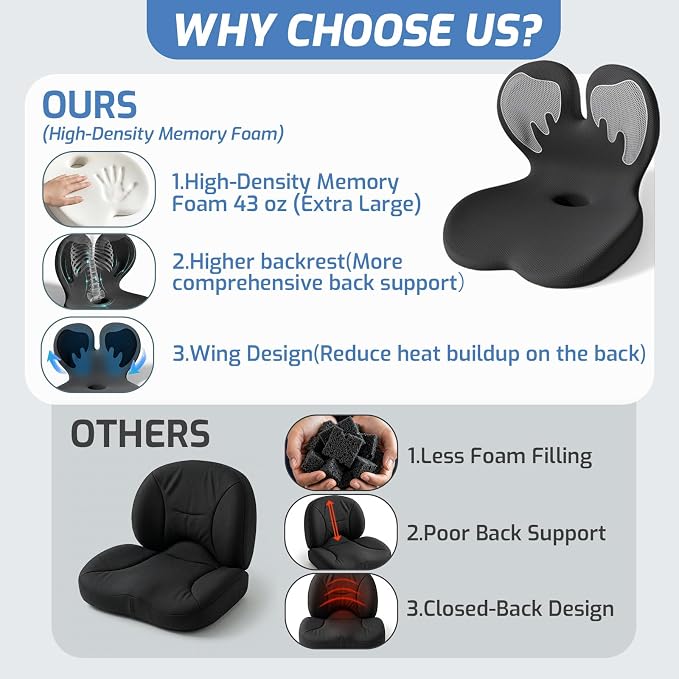Seat Cushion, Office Chair Cushion with Lumbar Support Pillow, Memory Foam Car Cushions, for Long Sitting, Tailbone & Back Pressure Relief,Sciatica Pad for Office, Car, Home Chairs