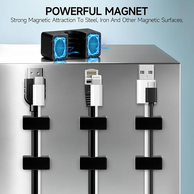 8 Pack Magnetic Cord Holder, Large Cable Clips - Strong Magnet Wire Management for Office, Under Desk, Nightstand, Car, Kitchen, Reusable Desk Cable Organizers