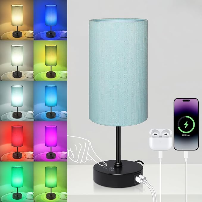 Unicozin Table Lamp for Bedroom, 3 Color Temperatures, 7 RGB Colors, Adjustable Brightness, Dual USB Charging Ports, Ambience Nightstand Light with Blue Shade, Desk Lamp for Kids Reading Home Office