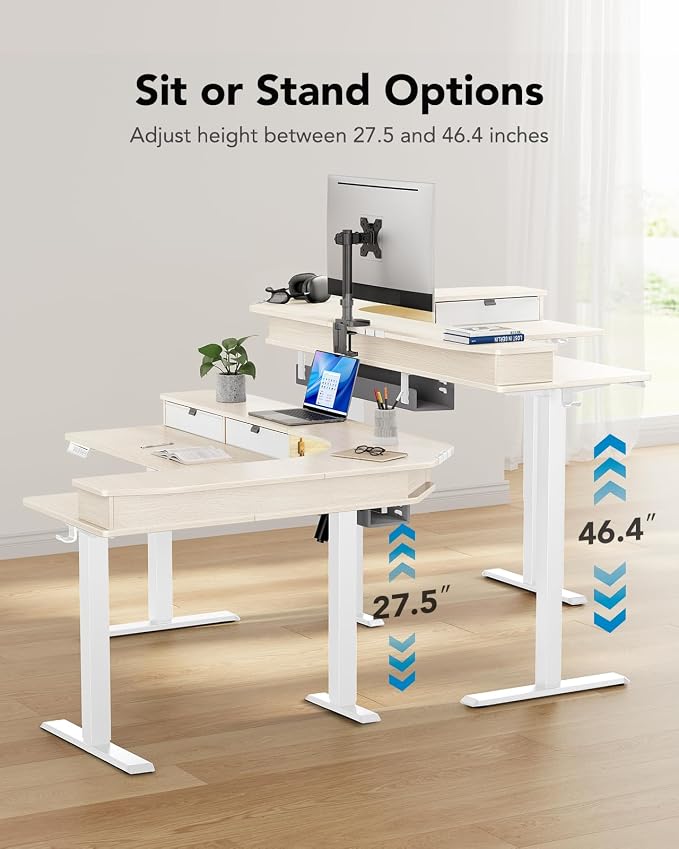 HUANUO 65″ L Shaped Standing Desk with 3 Drawers, Electric Height Adjustable Corner Computer Desk with Power Outlets & LED Strip, Sit Stand Up Desk for Home Office, Natural Wood