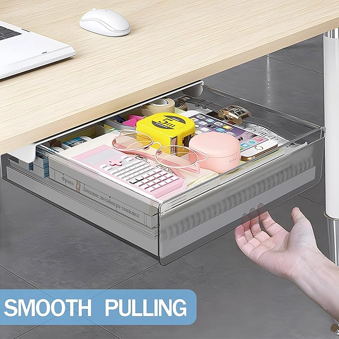 SVNNELP Large Under Desk Table Drawer Storage Organizer A4, Hidden Self-Adhesive Under Desk Pencil Tray Drawer for Office (Clear Black/L)
