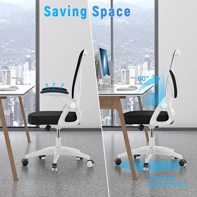 naspaluro Home Office Desk Chair Mid Back with Adjustable Height WhiteFrame | Comfy Ergonomic Chair with Flip-Up Arm and Lumbar Support, Breathable Mesh Swivel Computer Chair for Study Working Teacher
