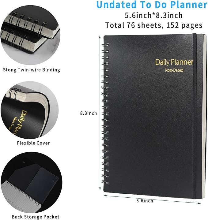 Daily Planner Undated 2 Pack, A5 To Do List Notebook with Hourly Schedules, Spiral Time Management Organizer for Man Women, 8.3" x 5.6" 152 Pages