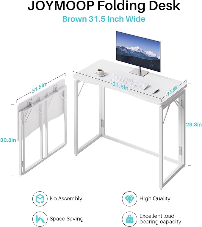 JOYMOOP White Folding Desk - 31.5", No Assembly Small Foldable Desk for Home, Office, Wooden Top Folding Computer Desk for Working, Writing, Studying