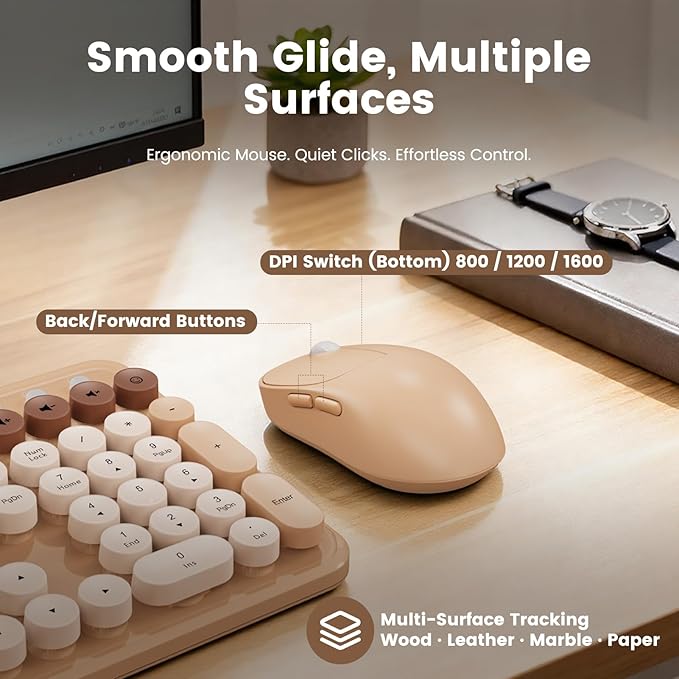 Wireless Keyboard and Mouse Combo, Retro Round Keycaps, Full-Size Typewriter Keyboard with Phone/Tablet Holder, Ergonomic Mouse with 3-Level DPI, 2.4GHz Connection for Windows/PC (Beige Colorful)