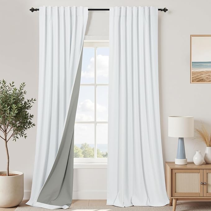 KOUFALL Extra Long White Curtains 105 Inch Floor to Ceiling Linen Blackout Drapes for Bedroom Living Room 104 in Length 2 Panels Set