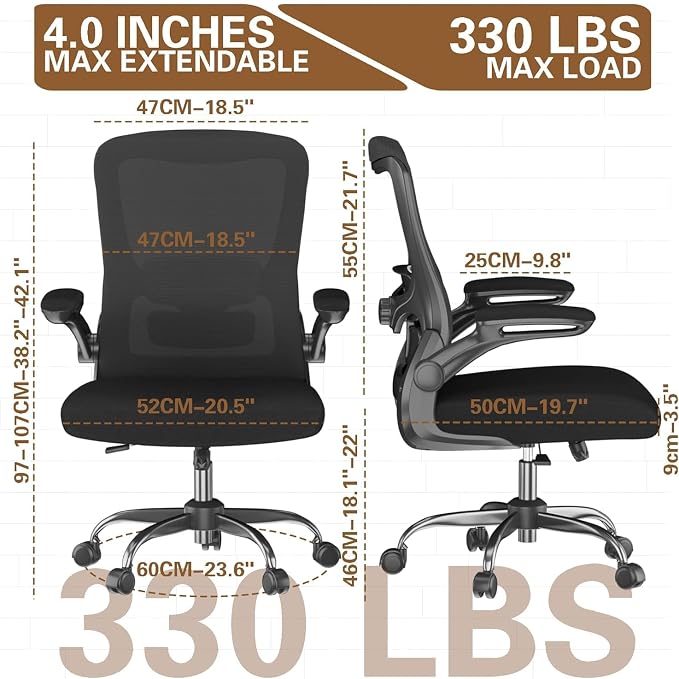 Ergonomic Office Chair for Long Hours, Adjustable Padded Lumbar Support for Lower Back Relief, 330 lb Capacity, Comfortable Computer Desk Chair for Home Office, Work & Study