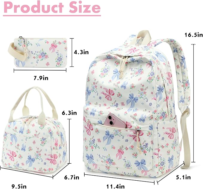 Bluboon Teen Girls School Backpack Kids Bookbag Set with Lunch Box Pencil Case Travel Laptop Backpack Casual Daypacks (Pink Blue Bow - White)