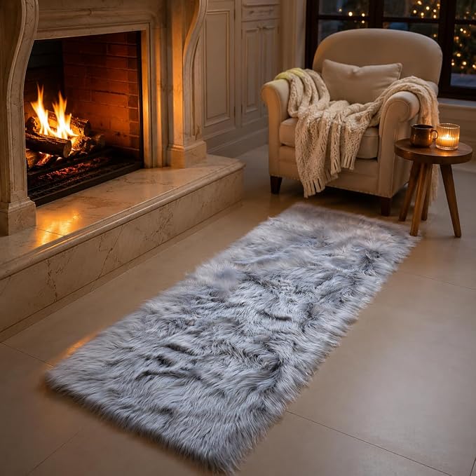 EasyJoy Faux Sheepskin Rug, Fluffy Faux Fur Rug, Ultra Soft Shag Area Rug with Non-Slip Backing for Bedroom, Living Room, Nursery, Kids Room(2x6 ft Rectangle, Frosted Bottom Gray)