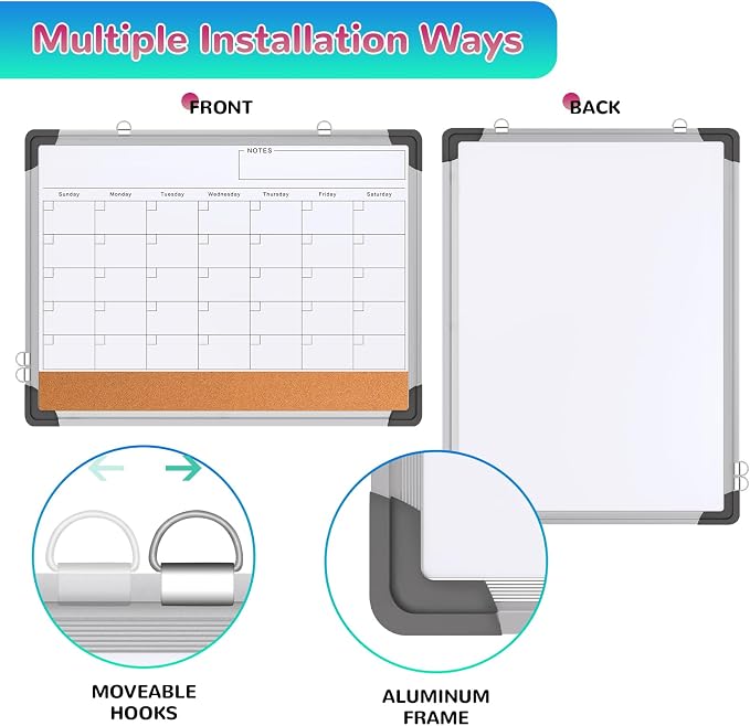 Monthly Calendar Whiteboard for Wall, 24x18 Inches Dry Erase Board with Cork Board Combo, Magnetic White Board, Double-Sided Hanging Portable Board for Office School Home Kitchen Planner Memo