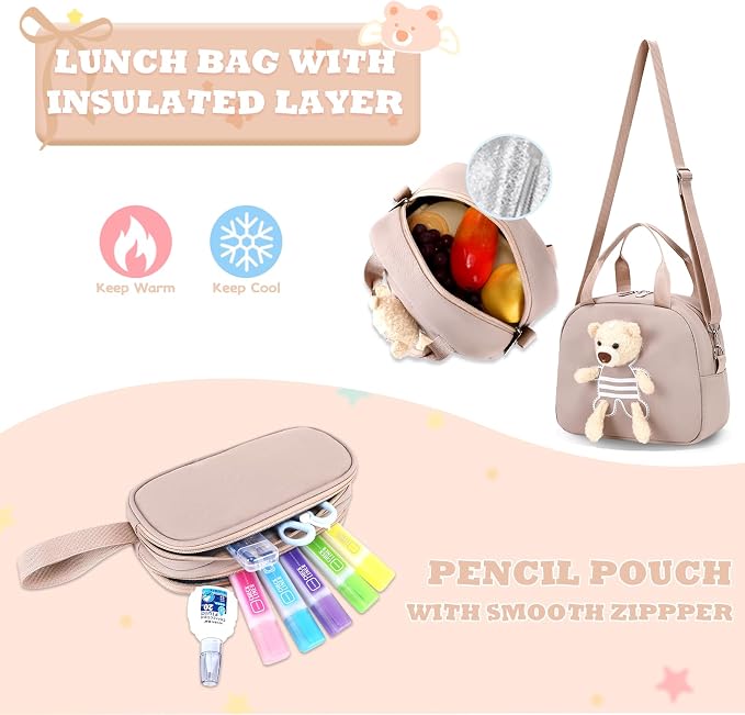 ACESAK Girls Backpack for School Set - 5 PCS Cute Girls Backpack with Lunch Box, Pencil Case, Bento Box & Insulated Water Bottle - Kawaii Casual Kids Bookbag Set Back to School Supplies (Khaki)