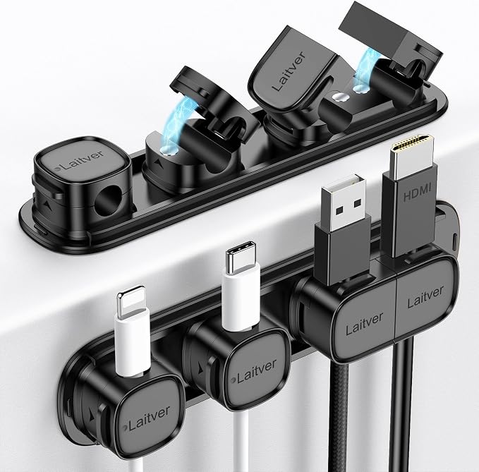6 Pack Magnetic Cable Clips [1s Open/Lock], Laitver Cord Organizer Holder Strong Adhesive Desk Cable Management- Organize Charging Cords Neatly for Home, Office, Car,Desk, Nightstand-Black