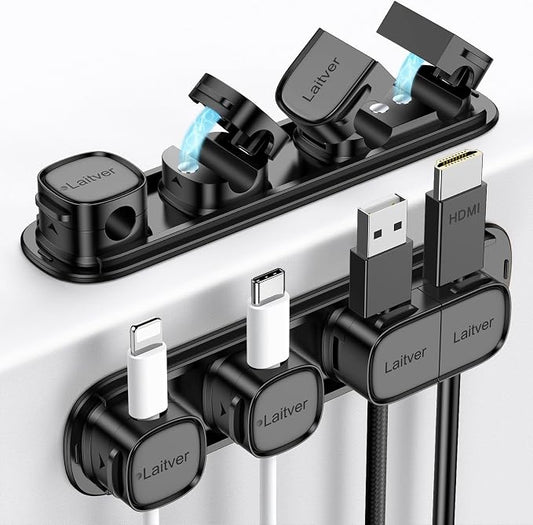 6 Pack Magnetic Cable Clips [1s Open/Lock], Laitver Cord Organizer Holder Strong Adhesive Desk Cable Management- Organize Charging Cords Neatly for Home, Office, Car,Desk, Nightstand-Black