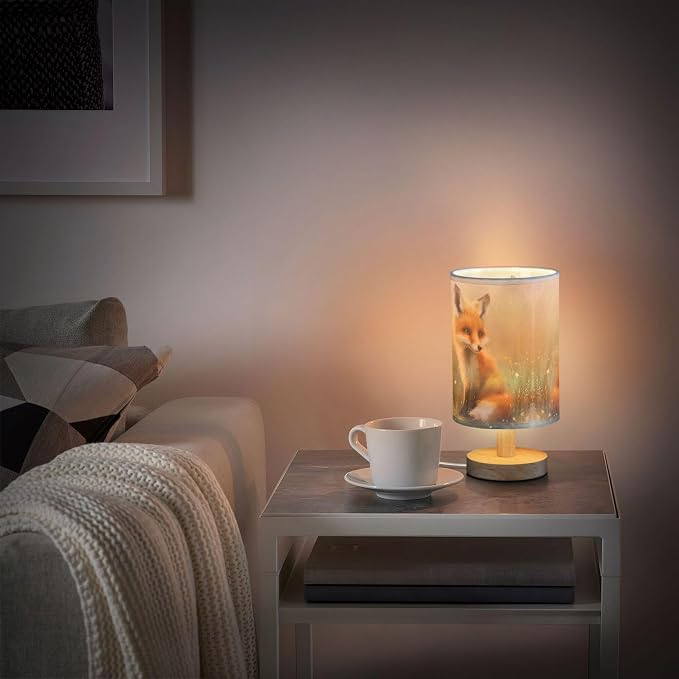 Table Lamp Cute Fox Floral Woodland Nightstand Lamp with Wood Base Fabric Lamp Shade Bedside Desk Lamp for Living Room Bedroom Kids Room Office