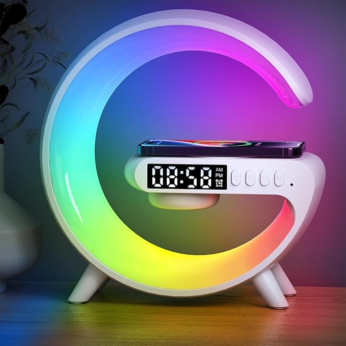 Smart LED Table Lamp, 4-in-1 Wireless Charger Smart Atmosphere Lamp, Night Light, Bluetooth Speaker & Alarm Clock for Bedroom, Office, and Home Decor(White)