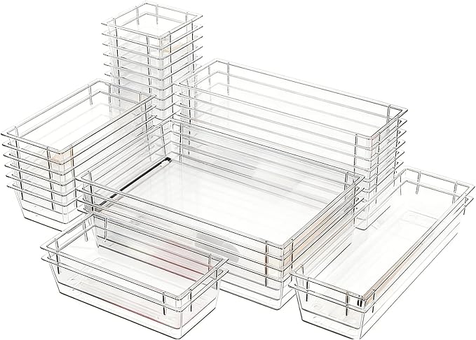 Clear Acrylic Drawer Organizer Trays, 5 Size Junk Box Organization Small Storage Container Bin for Desk Makeup Bathroom Vanity Kitchen Tool Make Up Workspace Home Dorm Apartment Office Room Nightstand