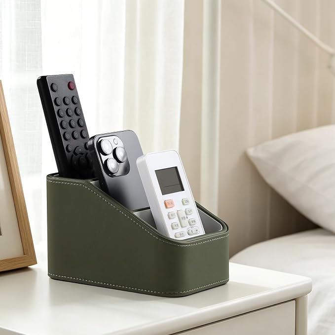 PU Leather Remote Control Holder, Small Desk Organizer Office Supply Bedside Caddy for Nightstand End Table Couch, Pen Remote Organizer with 3 Compartments (Green)