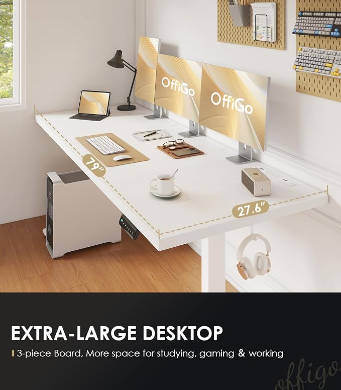 OffiGo 79 Inch Executive Electric Standing Desk Height Adjustable, White | 1.38" Thick 3-Panel Desktop, Power Outlets, 3 Memory Presets, Dual-Beam Frame for Home Office, Workstation, Conference Room