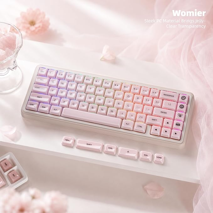 Womier Low Profile Keycaps, Jelly Pink Keycaps, Shine Through Key caps | 127 Keys Custom Keycaps for Mechanical Keyboard 60% 65% 75% 80% 100% Cherry Gateron MX Switches