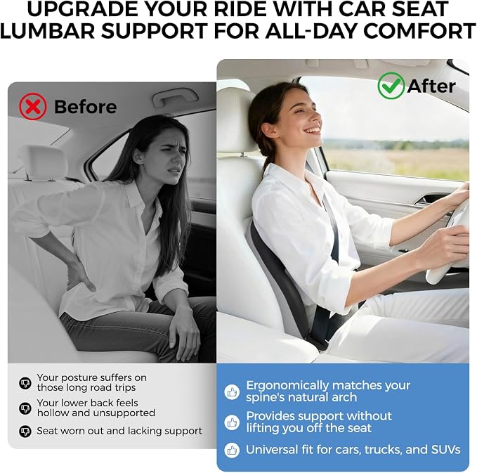 BEBAS Ergonomic Memory Foam Lumbar Support Pillow for Car & Office | Wraparound Side Wings for Back Support, Lumbar Cushion with Fixed Ring, Breathable Washable Cover, Fits Driving, Work, Black