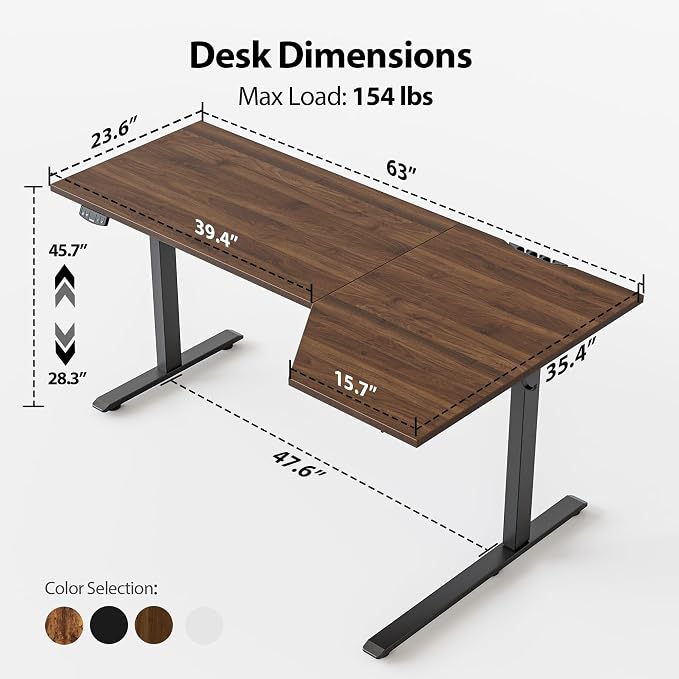 Agilestic Electric Standing Desk, Height Adjustable Desk, 63 x 35 Inch Sit Stand up for Work Office Home, L Shaped Ergonomic Rising Computer Table with Memory Preset, Dark Walnut