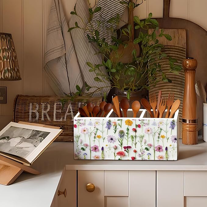 Floral Pen Pencil Holder for Desk Accessories, Cottagecore Colorful Wildflower Botanical Wooden Box Sign Decorations for Girls Room Bedroom Dorm Home Office Desk Tabletop