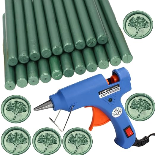Wax Seal Gun Kit Sealing Wax Sticks 20P with Glue Gun，Wax Seal Kit, Atopbb Pine Green 20Pcs Sealing Wax Sticks with Glue Gun Great for Wax Seal Stampfor Wedding Invitations Seal Wax Stick （Pine Green)