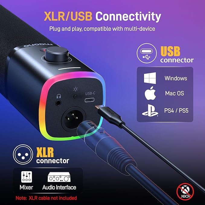 MAONO USB/XLR Podcasting Microphone for PC, Gaming Streaming Dynamic Mic with Mute Button, RGB, Desktop Stand,Computer Mic for Video Studio Recording-PD100X,Black