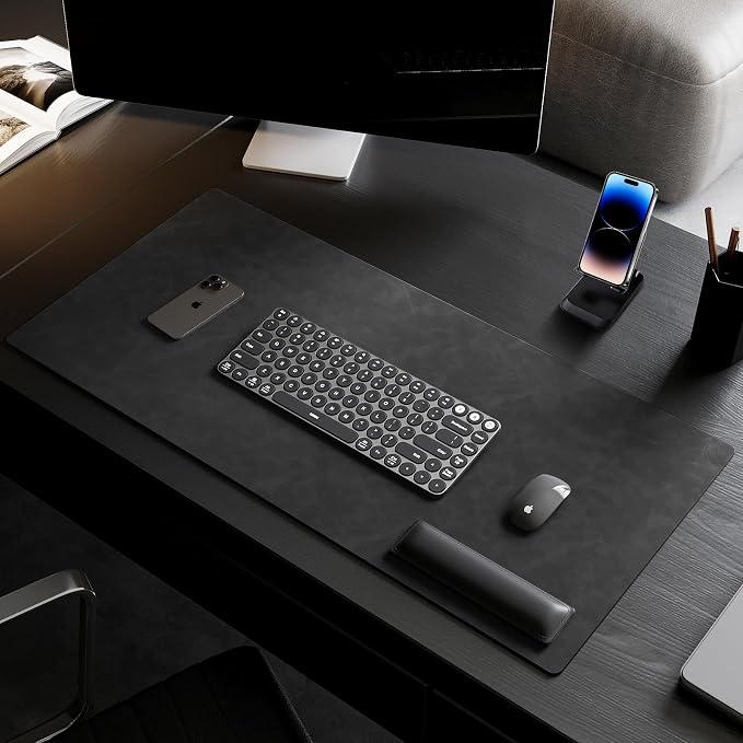 Leather Desk pad for Computer and laptops, Ideal for Gaming and Office use, Large Mouse pad and Keyboard mat,Desk mat Special for man. A complimentary Wrist pad and Phone Stand (Black, 31.5"*15.7")