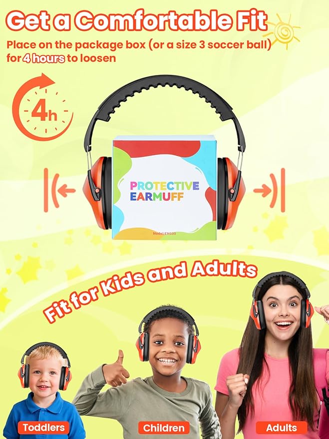 Ear Muffs for Noise Reduction: 27.4SNR Noise Cancelling Headphones for Kids Adults, EM100 Adjustable Hearing Protection Earmuffs for Monster Jam, Autism Sensory, Concerts, Fireworks Orange