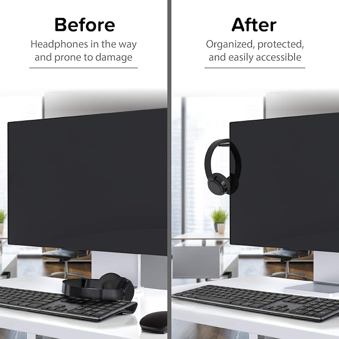TotalMount Hidden Monitor Stand for Headphones – Does Not Block Monitor | Designed in USA: Premium-Grade Holder Saves Desk Space While Protecting Headphones and Headsets – Removable Adhesive Strips