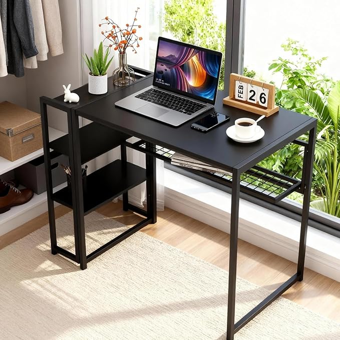 GarveeHome 38.6 inch Folding Desk Writing Computer Desk with Storage Shelf,Spaces Saving Writing Sturdy Table No Assembly,for for Bedroom, Home Office, Dorm, Apartment, Black