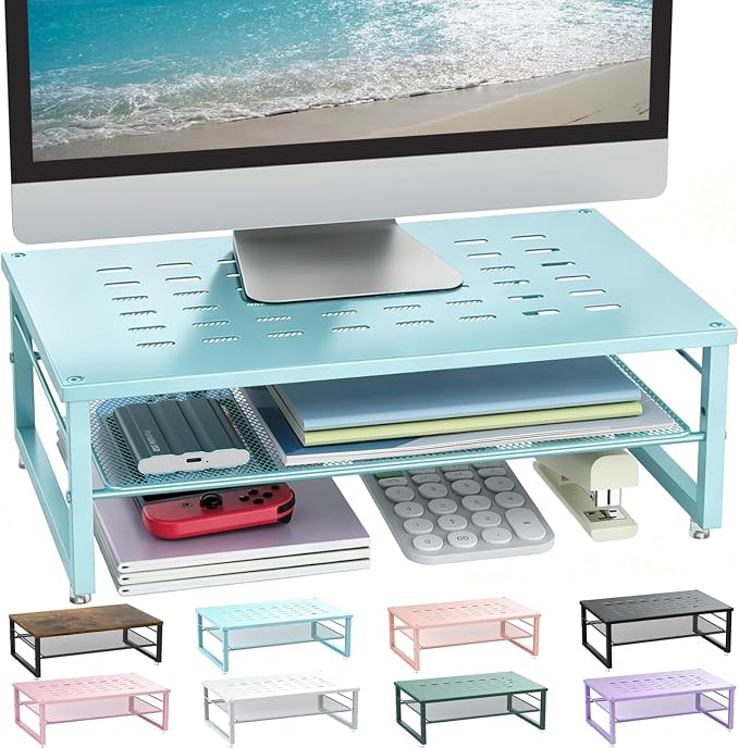 gianotter 2-Tier Metal Monitor Stand Riser, Desk Organizer for Monitor, Office Desk Storage Organizer for Office Supplies (Blue)