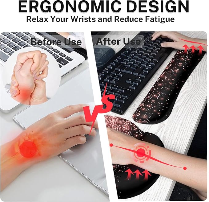 Britimes Rose Gold Pink Black Golden Ergonomic Mouse Pad Set with Wrist Rest Non-Slip Rubber Base Wrist Cushion Support and Coasters Mousepad with Wrist Support for Computer Keyboard and Desk