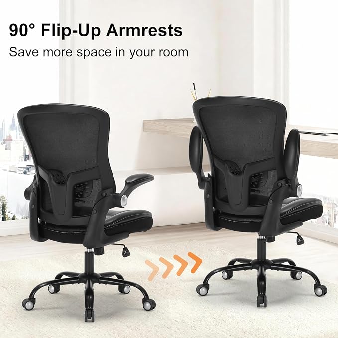PU Leather Mesh Ergonomic Office Chair with Adjustable Arms Lumbar Support | Adjustable Height High Back Mesh Support with Flip up Armrests, Swivel Task Chairs for Home Office Computer 400BLS