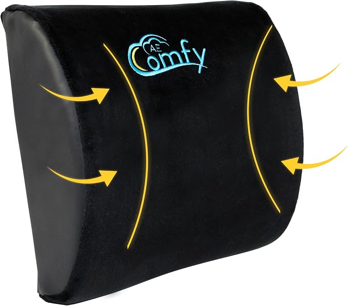 Premium AE Comfy Lumbar Support Pillow – Memory Foam Back Cushion for Office Chair, Car, or Gaming Chair – Ergonomic Lower Back Support for Pain Relief with Adjustable Removable Straps