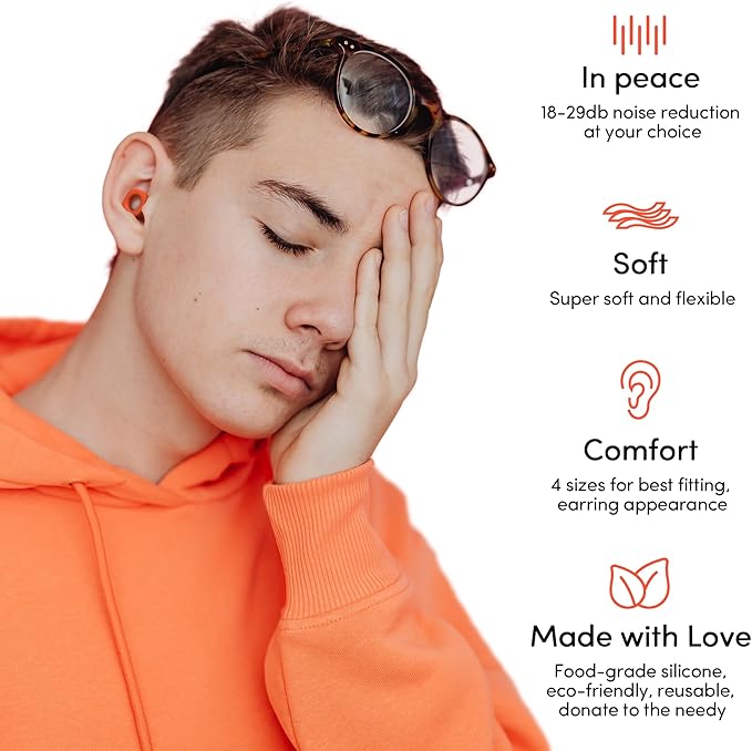 Audree Soft Ear Plugs for Noise Reduction, Reusable Flexible Earplugs for Sleep, Travelling, Focus, Study & Sensitivity, 28dB Noise Cancelling, 8 Silicone Ear Tips in XS/S/M/L, Orange