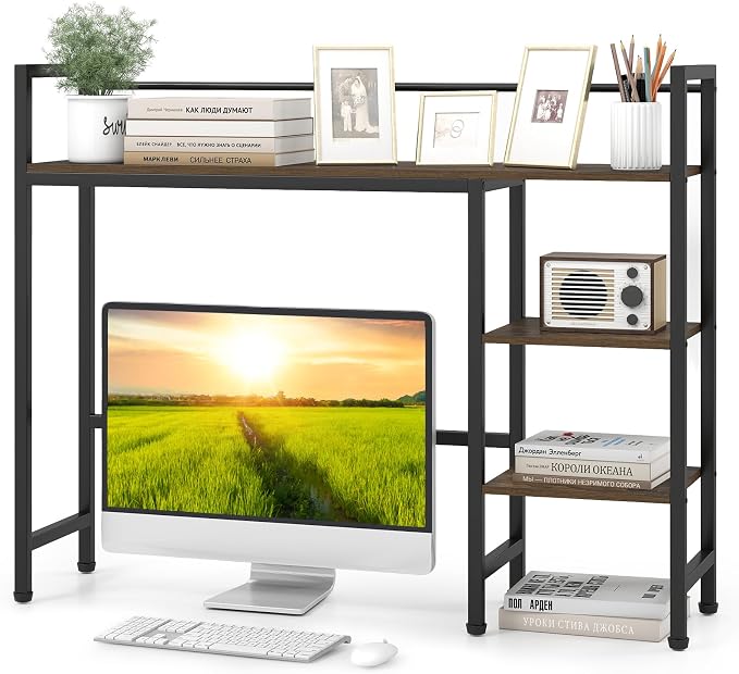 Tangkula 4-Tier Desktop Bookshelf, 38.5" Dorm Desk Hutch, Rustic Brown | Tabletop Hutch for Computer Monitor, 4 Open Storage Shelves, Anti-tip Device, Desktop Display Shelves for Home Office